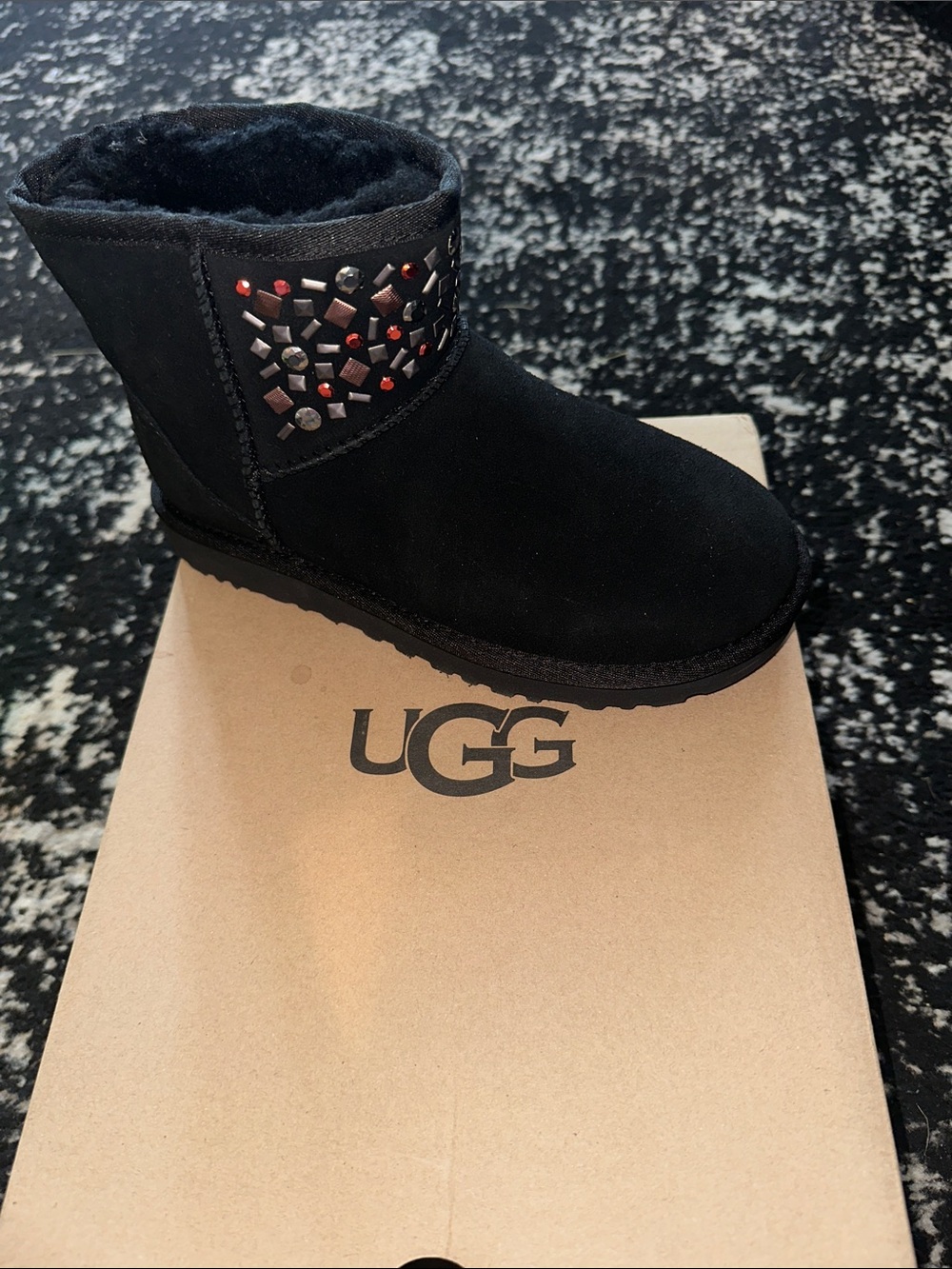 UGG Black Suede Mini Boot with Mixed Stud Accent
